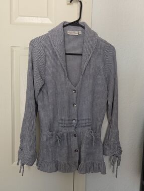 Paper Lace Textured Light Blue Button-Up Cardigan with Ruffle Hem Small